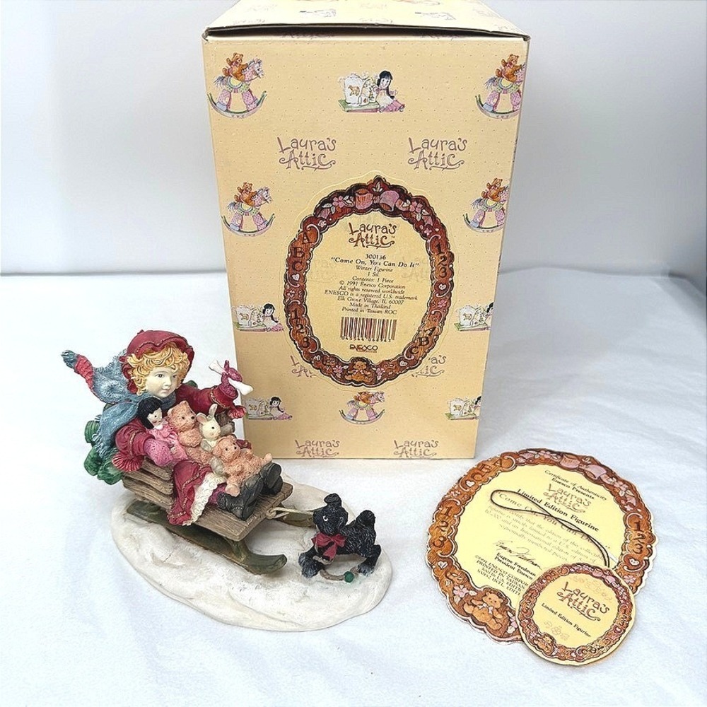 Lauras Attic Figurine Come On You Can Do It Winter Sledding Girl Holiday Whimsy